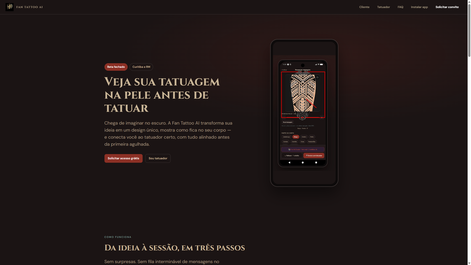Screenshot do site ao vivo do Fan Tattoo AI com visualização de tatuagem no corpo