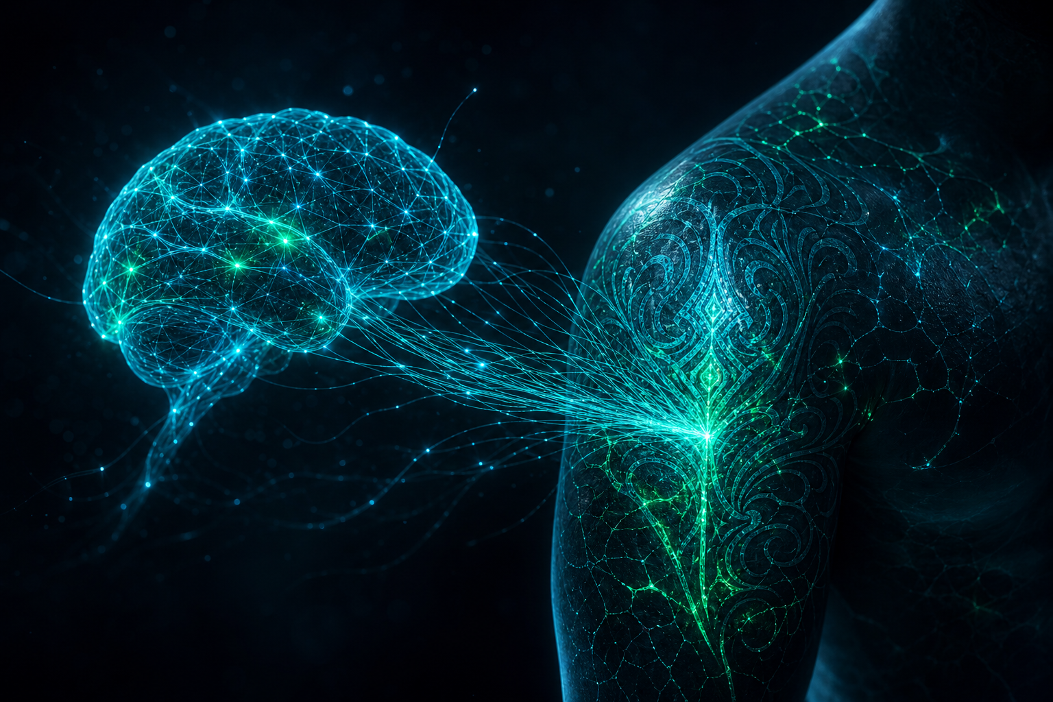 Arte conceitual: cérebro de IA em luz ciano projetando filamentos de luz que formam uma tatuagem no braço