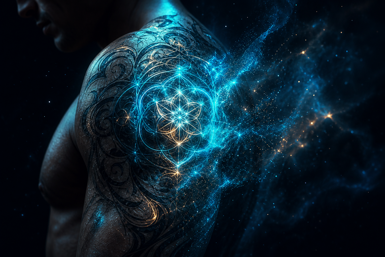 Arte conceitual: tatuagem de geometria sagrada emergindo de partículas de luz ciano em espaço escuro