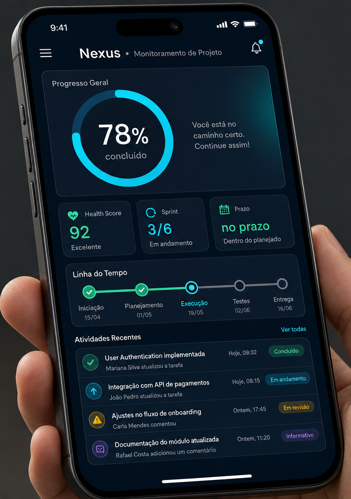 App mobile do PMO Nexus mostrando progresso do projeto, sprint atual e atividades recentes