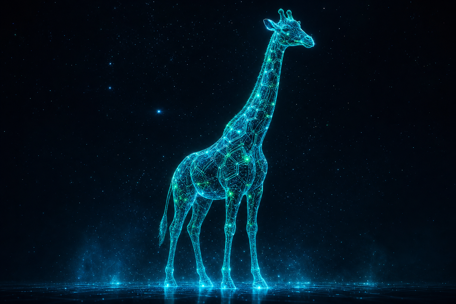 Arte conceitual: girafa em wireframe de luz ciano e verde, feita de linhas de circuito, em espaço estrelado escuro