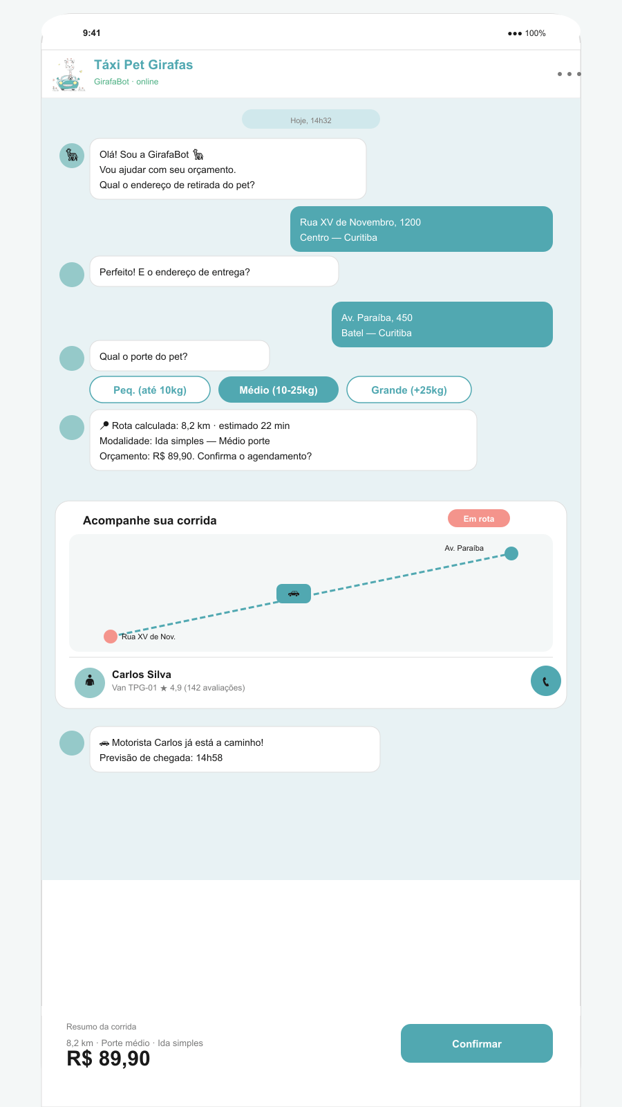 Mockup do orçamento e rastreamento via WhatsApp do Táxi Pet Girafas