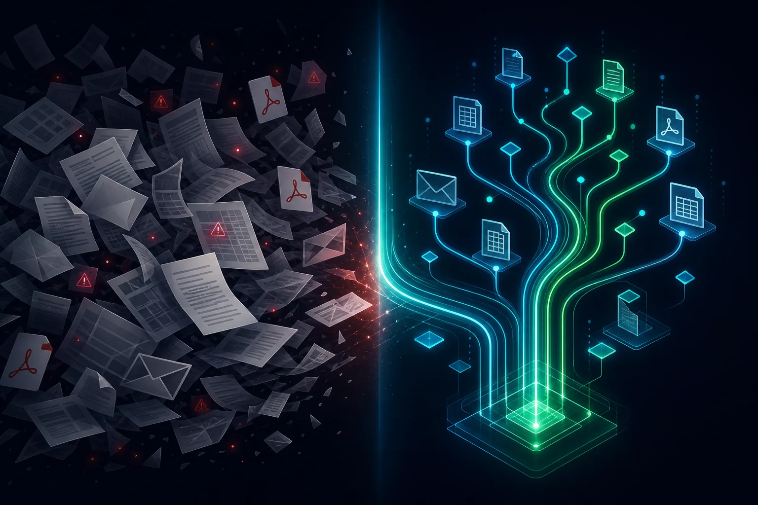 Ilustração mostrando documentos caóticos se transformando em fluxo de dados organizado e luminoso